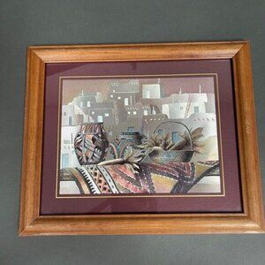 Southwest Style Framed Print Foil Art Adobe Houses Indian Pottery by T Coleman